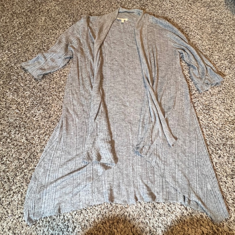 Eileen Fisher Womens Gray Linen Blend Ribbed Open Front Duster Cardigan Size M